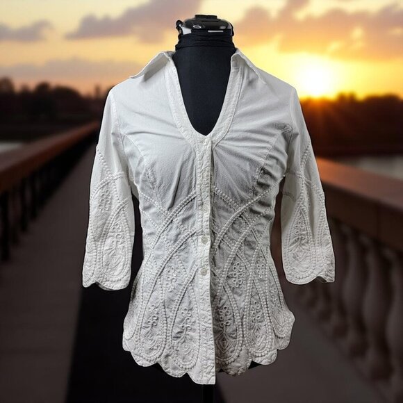 Gretty Zueger White Embroidered Button Down Top Size S - Picture 1 of 16